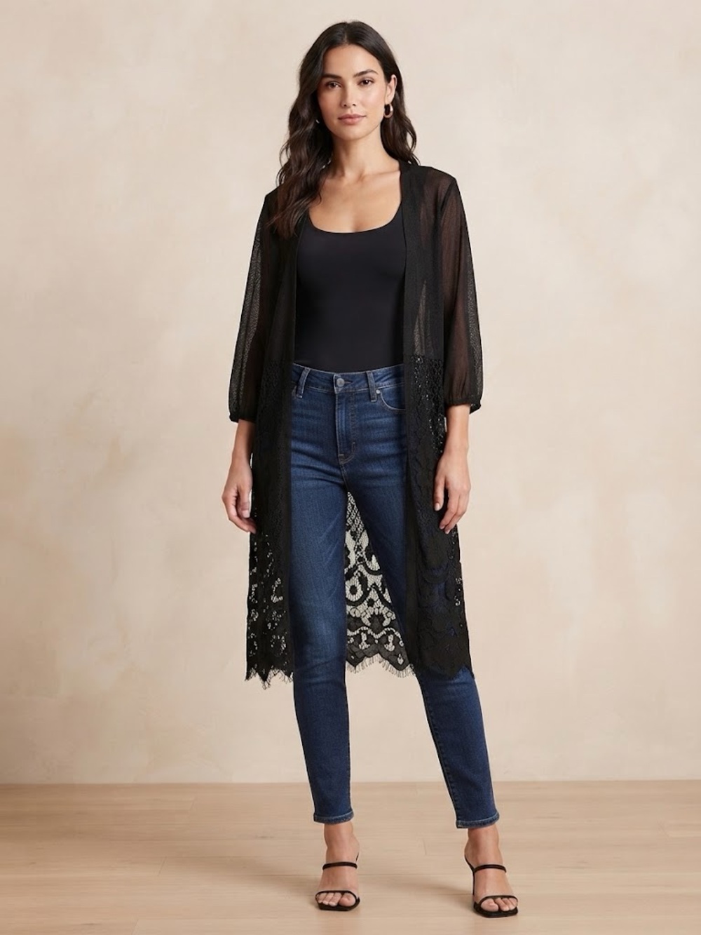 Black Lace Sheer Duster Knee Length Kimono Cover Up with scalloped hem
